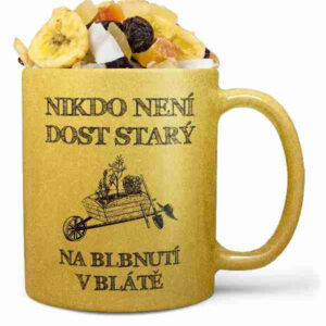 Hrnek Blbnutí v blátě – zlatý (Náplň hrníčku: Tropická směs)