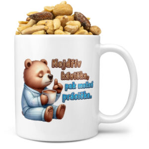 Hrnek Kávička pak prácička (Náplň hrníčku: Směs slaných oříšků)