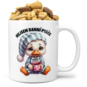 Hrnek Nejsem ranní ptáče (Náplň hrníčku: Směs slaných oříšků)