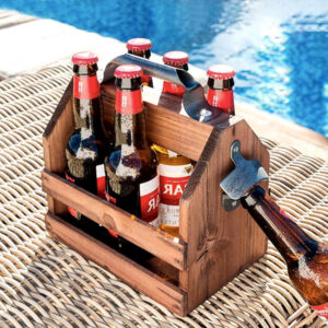 Dřevěný retro stojan na láhve s otvírákem