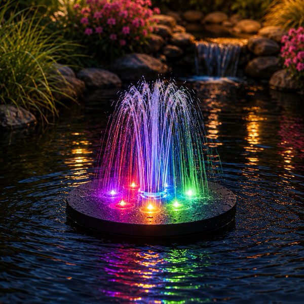 Solární zahradní fontána s LED osvětlením